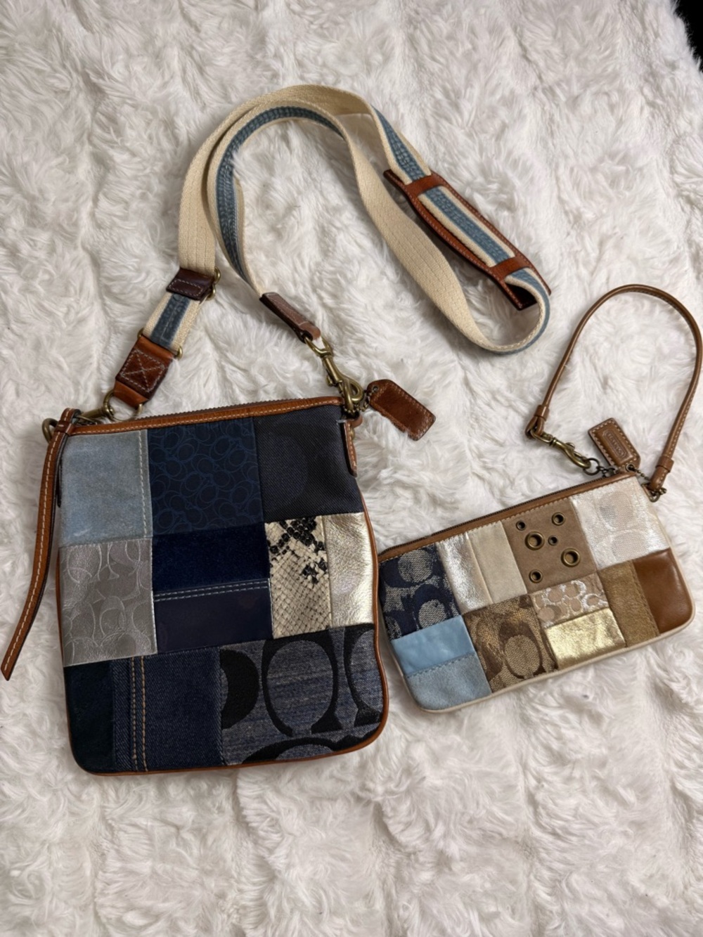 Coach Y2K denim patchwork crossbody bag with matching wristlet